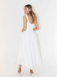 Detailed back view of a white sleeveless maxi dress featuring a deep U-shaped open back design
