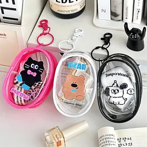Three transparent PVC cartoon storage bags for earphones with hooks in various colors