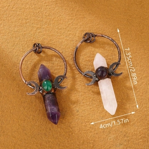 Vintage amethyst and quartz hexagonal pendant necklace with bronze moon design