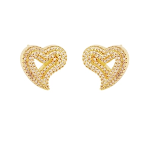 Elegant gold heart stud earrings with white cubic zirconia pavé setting for women