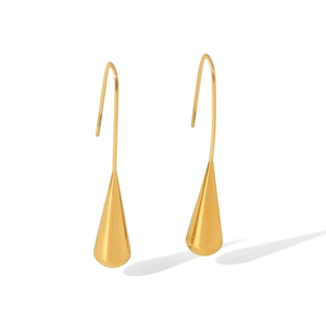 Detailed view of elegant gold teardrop earrings with slender hooks on white background
