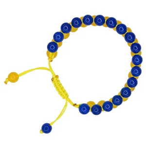 Handmade woven bracelet with blue and yellow natural crystal beads and adjustable cord