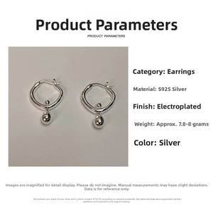 Detail view of S925 silver teardrop earrings with technical weight and material specs