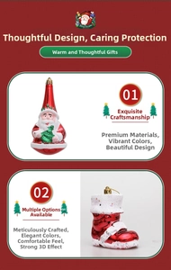 Detail of red Santa Claus and glittery boot ornaments with gold hanging strings