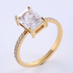 Vintage gold square zircon ring with rectangular gemstone and small side diamonds