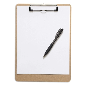 Minimalist A4 wooden clipboard set with paper and black pen on clean white background