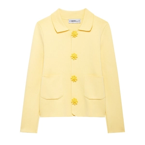 Women Long Sleeve Knit Cardigan Yellow Flower Shaped Buttons Lapel Front Pockets Casual Sweet Loose Sweater