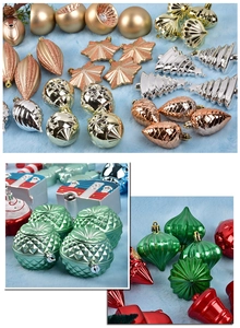 Detailed view of assorted Christmas tree ornaments with glitter and matte finishes
