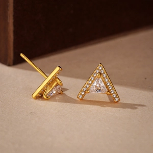 Luxurious gold triangle V-shaped stud earrings with micro-pave cubic zirconia crystals