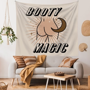Morandi retro wall tapestry with Booty Magic graphic above a sofa for home decor