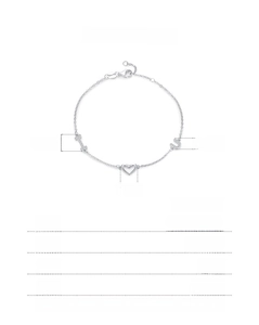 Detail view of 925 sterling silver heart bracelet with dimensions 16.5 plus 3.5 cm