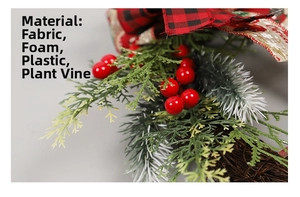 Close-up of Christmas wreath featuring red berries, plaid bow, and pine needles on vine