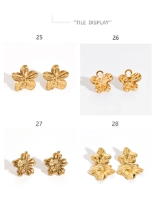 Detailed grid showing four unique gold-plated flower-shaped stud earrings in 18K gold