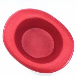 Detail shot of mini red felt top hat showing high-quality stitching and flocking texture