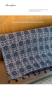 Detail of dark blue linen scarf with white geometric rings and navy fringe tassels