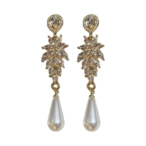 Elegant gold leaf drop earrings with sparkling crystals and large white teardrop pearls