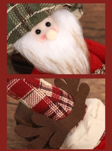 Detail of Santa plush decor featuring red plaid hat and white fluffy beard texture