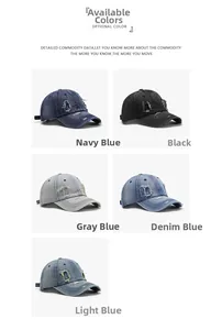Detail view of distressed washed cotton baseball caps in five vintage denim color options
