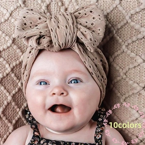 Baby Turban Hat With Big Bow Eyelet Hollow Breathable Elastic Beanie Headwrap For Infant Toddler