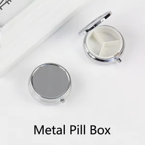 Portable Metal Pill Box Mini Medicine Organizer With Mirror Silver Compact Storage Case For Travel Round Heart Shape