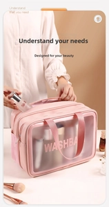 Detail showing high-capacity pink PU washbag with waterproof zipper and storage compartment