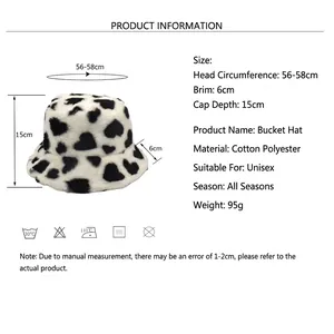 Fuzzy heart pattern bucket hat for women with size guide and product measurements