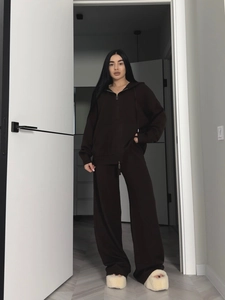 Hooded Zip Up Sweater Jacket And High Waist Wide Leg Pants Women Cotton Polyester Knit Solid Color Casual Lounge