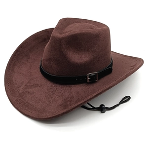 Cappello da cowboy classico in pelle scamosciata marrone con cordino antivento