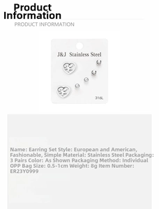 Detail view of 3-pair stainless steel heart stud earring set with clear zircon accents