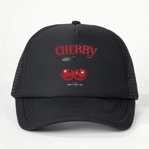 Classic black trucker hat with cherry print and mesh back panels for casual women's wear