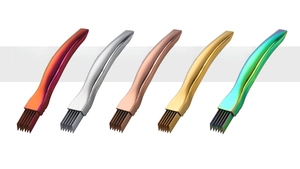 Detail view of scalloped edge green onion shredder tools in five metallic colors