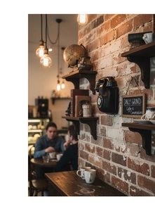 Vintage black wall-mounted rotary phone model on a rustic red brick wall in a coffee shop