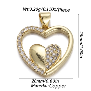 Detailed view of gold plated heart pendant with zircon inlay and exact dimensions