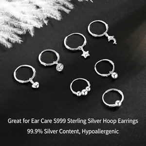 Hypoallergenic S999 sterling silver earring set with heart, star and dolphin charms