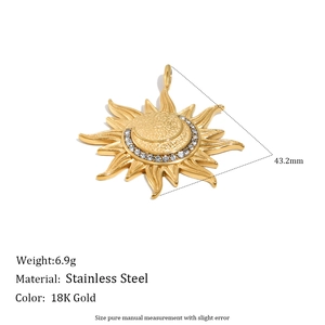 18K gold plated stainless steel sun and moon pendant with white crystals, 43mm charm