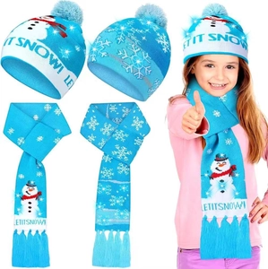 Ensemble bleu bonnet et écharpe de Noël à LED avec motifs flocon et bonhomme de neige