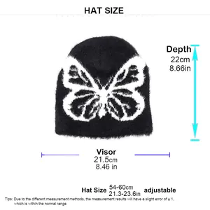 Detailed size chart for black knit butterfly beanie with depth and circumference specs