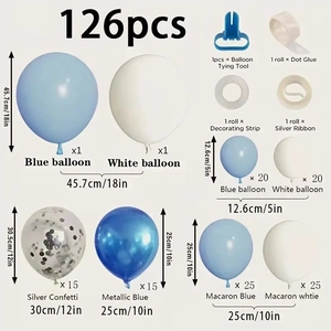 Detailed 126-piece blue and silver latex balloon arch kit layout with components and sizes