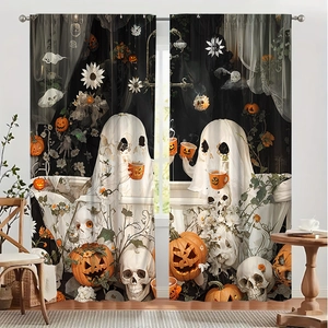 Detail showing high-quality polyester Halloween curtains with ghosts and pumpkins