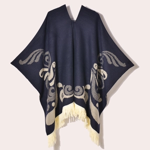 Women vintage dark blue knitted poncho with wing jacquard pattern and tassel fringes