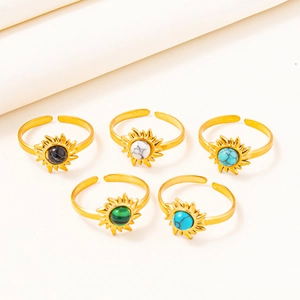 Five-piece adjustable 304 stainless steel gold ring set with colorful sunburst stones