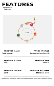 Detailed specs of floral 18K gold plated stainless steel bracelet with sizing info