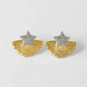 Vintage gold plated fan shaped star stud earrings with micro paved cubic zirconia