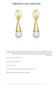 Detail view of S925 silver 18K gold plated pearl drop earrings on white background