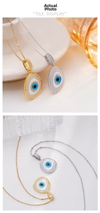 Detail of blue enamel evil eye pendants with sparkling micro-pave crystals in gold and silver