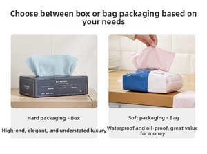 Detail view of microfiber cleaning cloths in blue and pink, boxed and bagged packaging