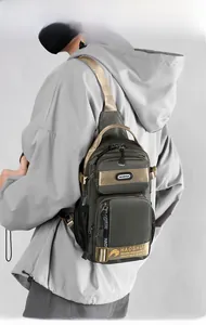 Detailed view of olive green crossbody chest bag with durable nylon and champagne webbing