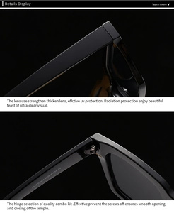 Macro detail of black cat eye sunglasses hinge and acetate frame with model info
