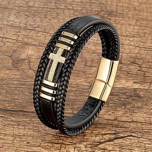 Cross Pendant Multi-Layer Leather Braided Rope Bracelet Stainless Steel Magnetic Buckle Retro Jewelry For Men And Women