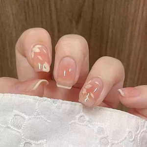 Press On Nails French Pink Gradient Cherry Blossom White Flower Pattern Ballerina Square Shape ABS Glossy Fake Nails For Women